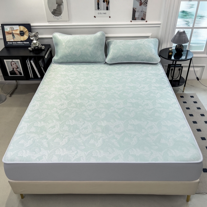 91家纺网 家纺一手货源 找家纺 倾慕 2026新款提花凉感凉席床笠款三件套系列 叶之恋绿床笠款