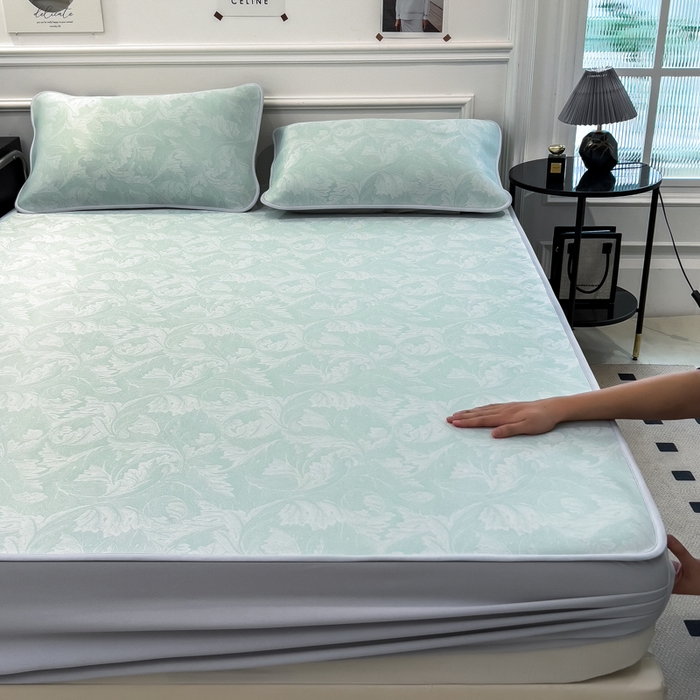 倾慕 2026新款提花凉感凉席床笠款三件套系列 叶之恋绿床笠款