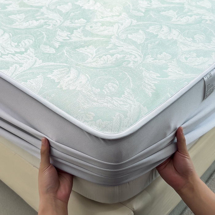 91家纺网 家纺一手货源 找家纺 倾慕 2026新款提花凉感凉席床笠款三件套系列 叶之恋绿床笠款