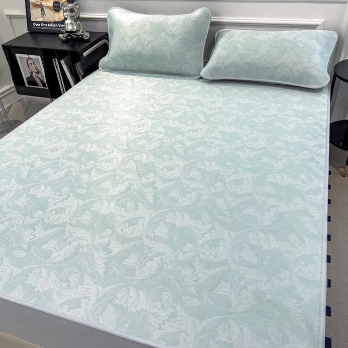 91家纺网 家纺一手货源 找家纺 倾慕 2026新款提花凉感凉席床笠款三件套系列 叶之恋绿床笠款