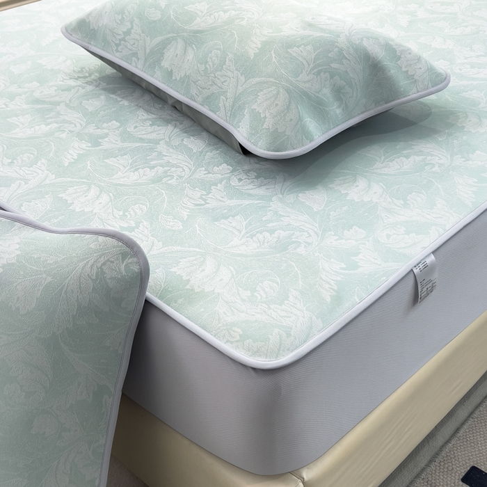 91家纺网 家纺一手货源 找家纺 倾慕 2026新款提花凉感凉席床笠款三件套系列 叶之恋绿床笠款