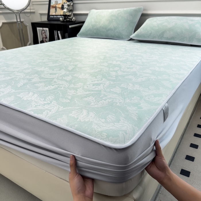 91家纺网 家纺一手货源 找家纺 倾慕 2026新款提花凉感凉席床笠款三件套系列 叶之恋绿床笠款