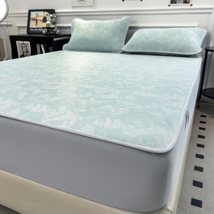 91家纺网 家纺一手货源 找家纺 倾慕 2026新款提花凉感凉席床笠款三件套系列 叶之恋绿床笠款