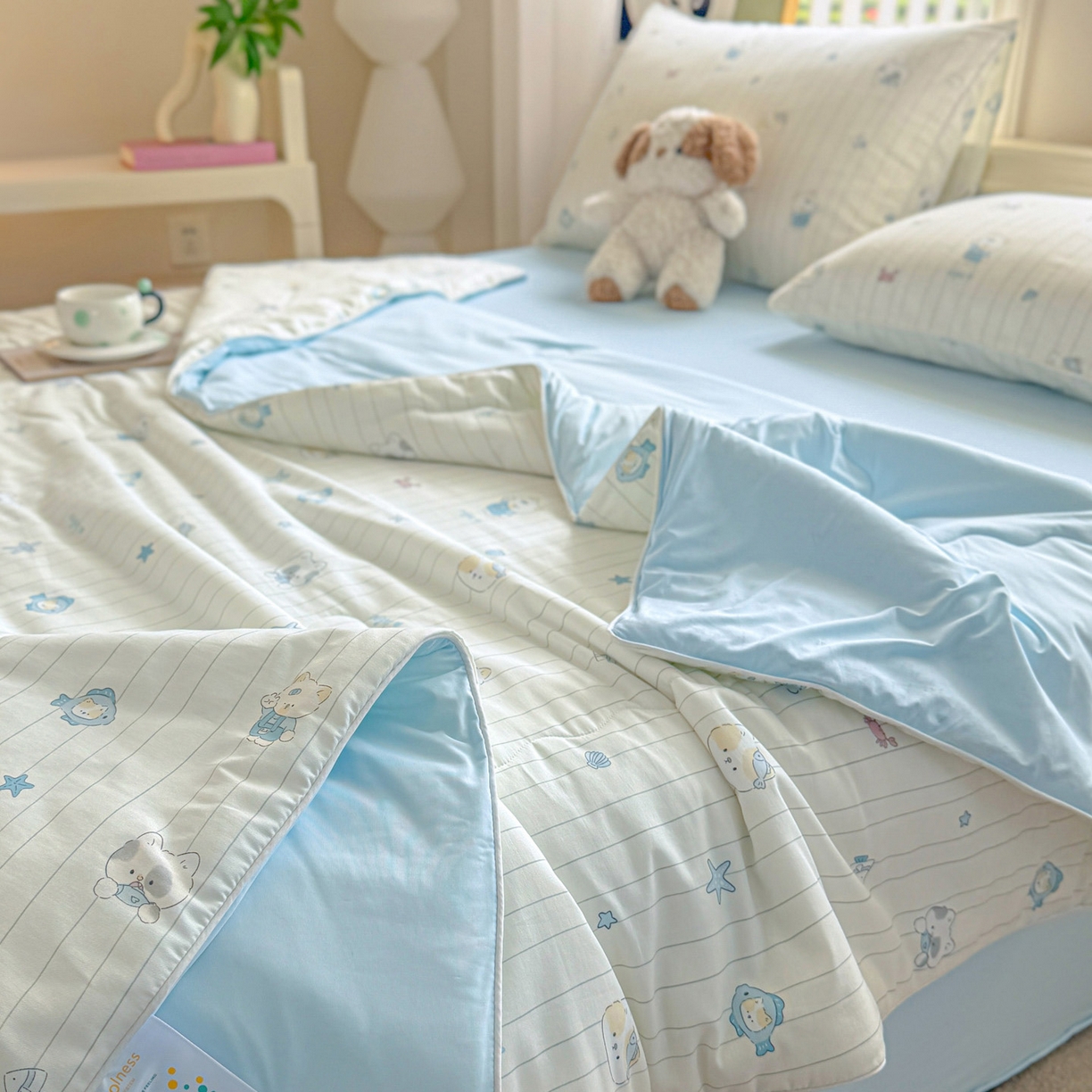 91家纺网 家纺一手货源 找家纺 万盛家纺 2026新款全棉锦氨凉感夏被夏凉被空调被 小猫钓鱼