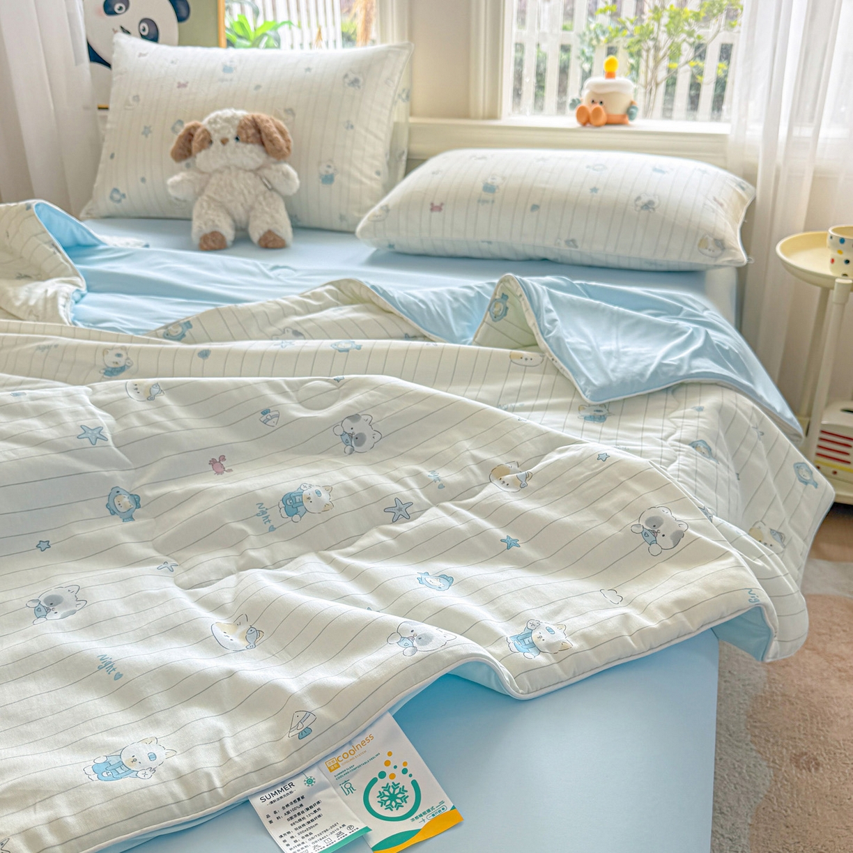 91家纺网 家纺一手货源 找家纺 万盛家纺 2026新款全棉锦氨凉感夏被夏凉被空调被 小猫钓鱼