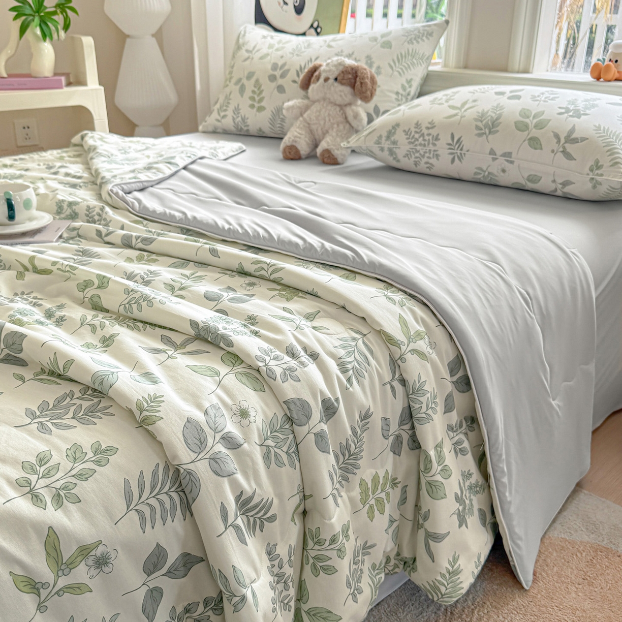 91家纺网 家纺一手货源 找家纺 万盛家纺 2026新款全棉锦氨凉感夏被夏凉被空调被 夏槿绿