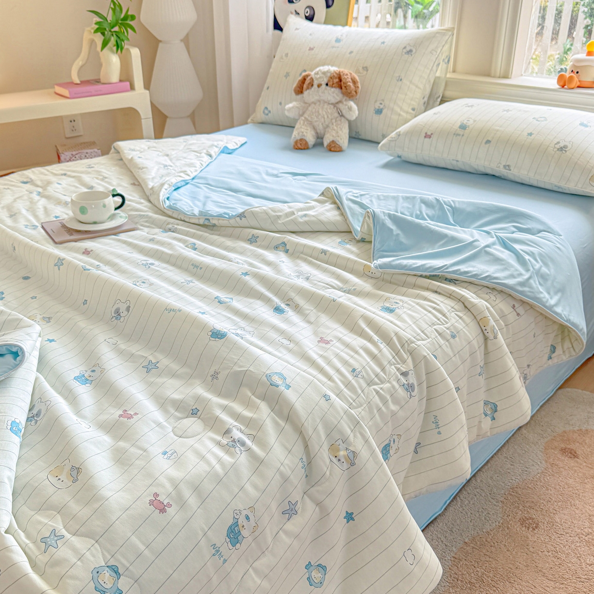 91家纺网 家纺一手货源 找家纺 万盛家纺 2026新款全棉锦氨凉感夏被夏凉被空调被 小猫钓鱼