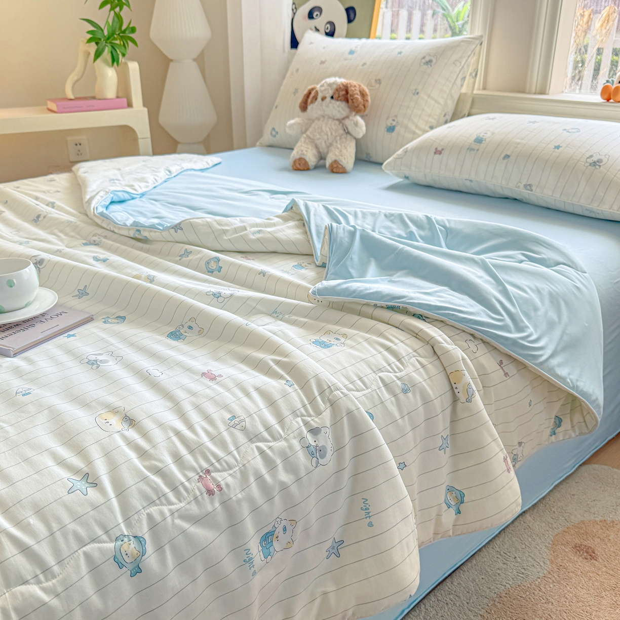 91家纺网 家纺一手货源 找家纺 万盛家纺 2026新款全棉锦氨凉感夏被夏凉被空调被 小猫钓鱼