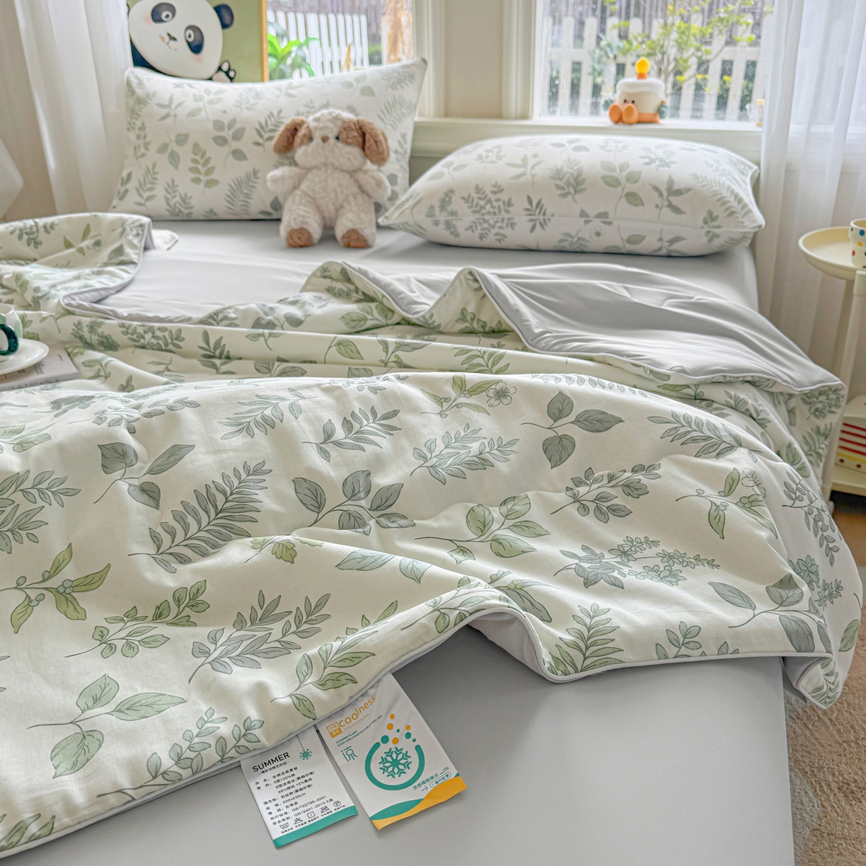 91家纺网 家纺一手货源 找家纺 万盛家纺 2026新款全棉锦氨凉感夏被夏凉被空调被 夏槿绿