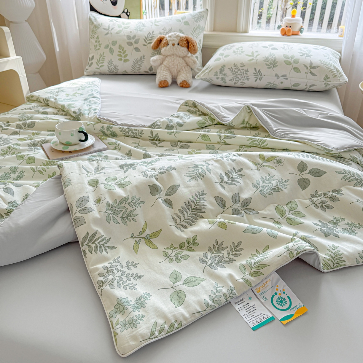 91家纺网 家纺一手货源 找家纺 万盛家纺 2026新款全棉锦氨凉感夏被夏凉被空调被 夏槿绿