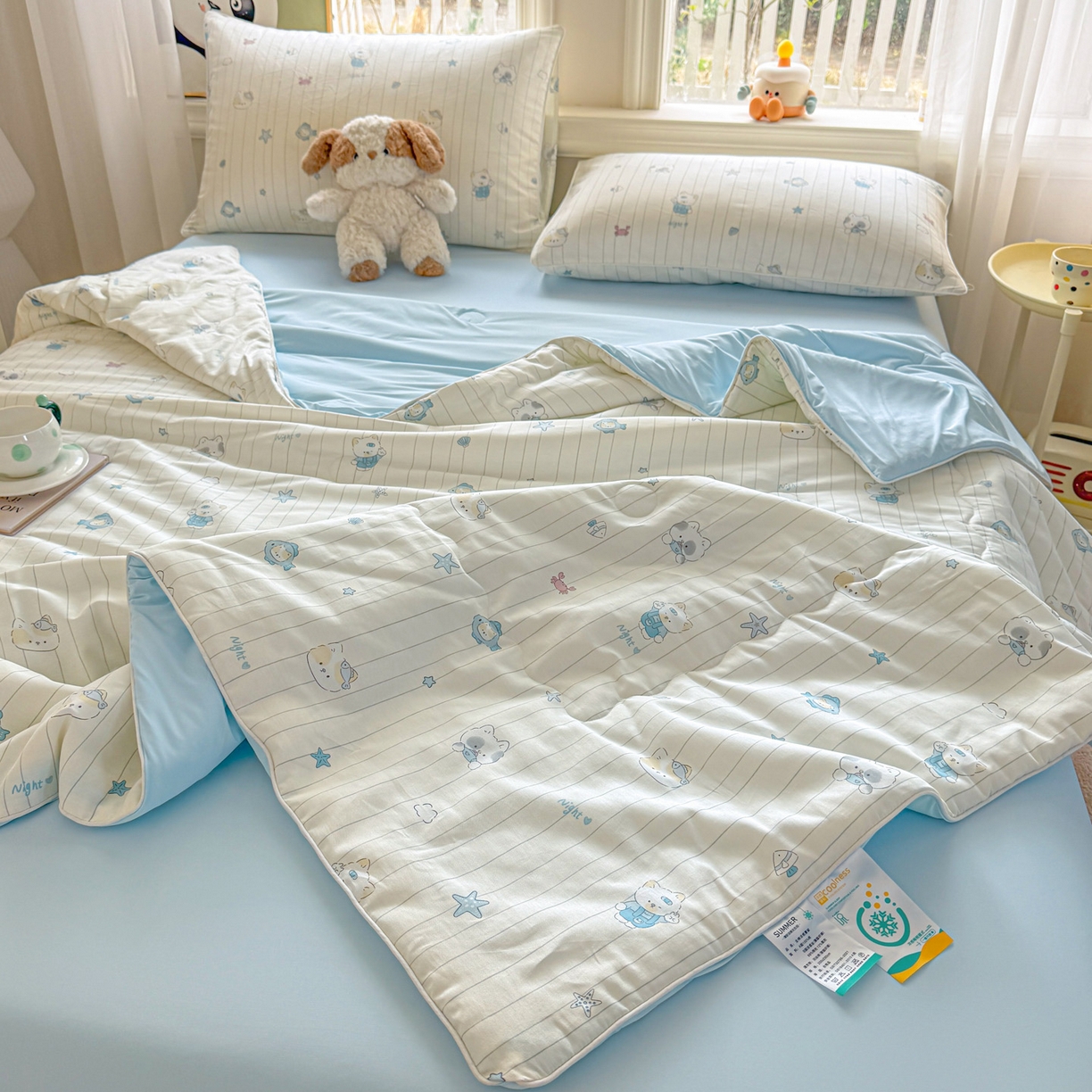 91家纺网 家纺一手货源 找家纺 万盛家纺 2026新款全棉锦氨凉感夏被夏凉被空调被 小猫钓鱼