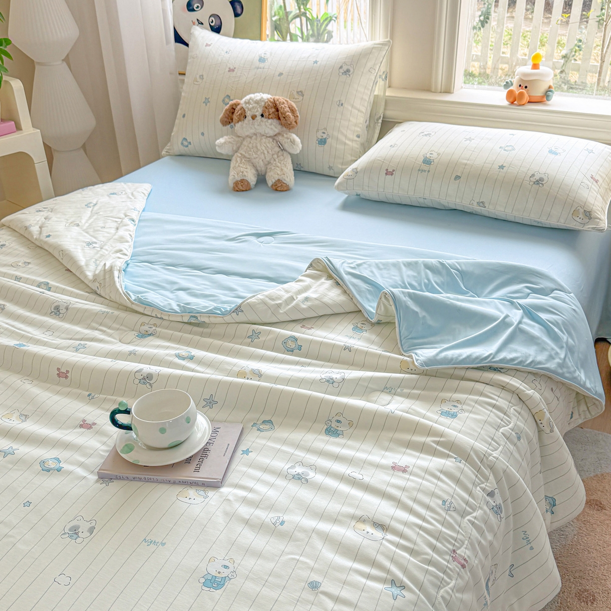 91家纺网 家纺一手货源 找家纺 万盛家纺 2026新款全棉锦氨凉感夏被夏凉被空调被 小猫钓鱼