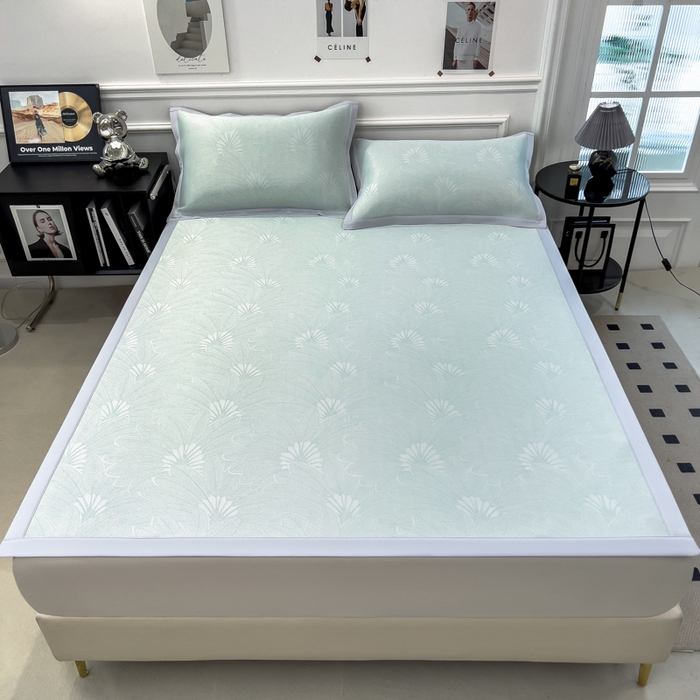 91家纺网 家纺一手货源 找家纺 倾慕 2026新款提花凉感凉席床席款三件套系列 清风雅韵绿床席款