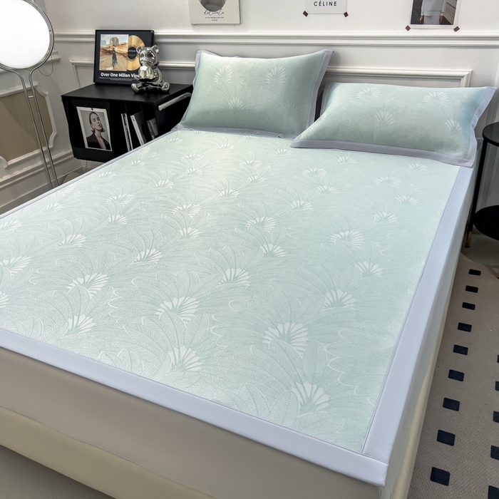 91家纺网 家纺一手货源 找家纺 倾慕 2026新款提花凉感凉席床席款三件套系列 清风雅韵绿床席款