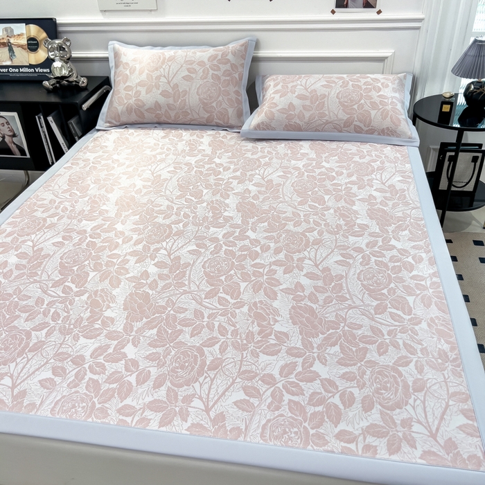 91家纺网 家纺一手货源 找家纺 倾慕 2026新款提花凉感凉席床席款三件套系列 情意浓粉床席款