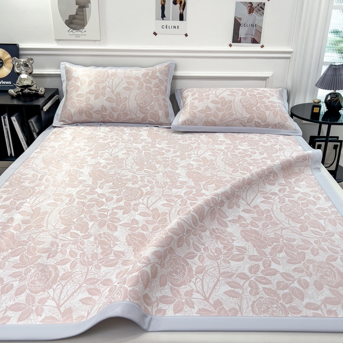 91家纺网 家纺一手货源 找家纺 倾慕 2026新款提花凉感凉席床席款三件套系列 情意浓粉床席款