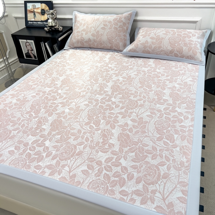 91家纺网 家纺一手货源 找家纺 倾慕 2026新款提花凉感凉席床席款三件套系列 情意浓粉床席款