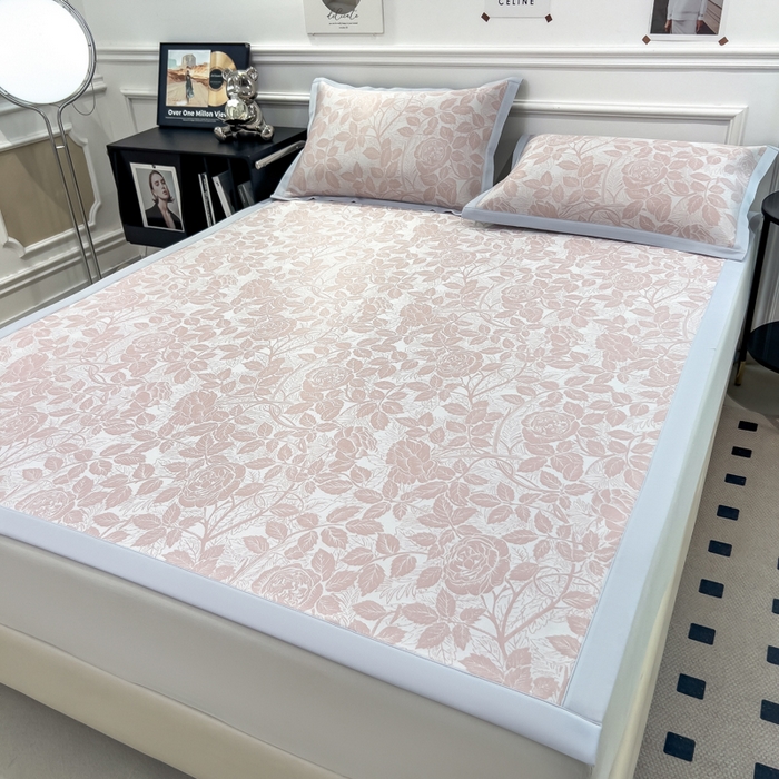 91家纺网 家纺一手货源 找家纺 倾慕 2026新款提花凉感凉席床席款三件套系列 情意浓粉床席款