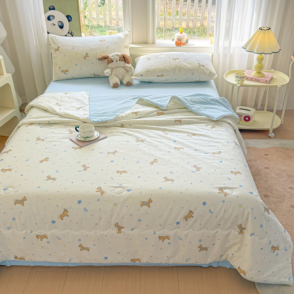 91家纺网 家纺一手货源 找家纺 万盛家纺 2026新款全棉锦氨凉感夏被夏凉被空调被 木马心愿