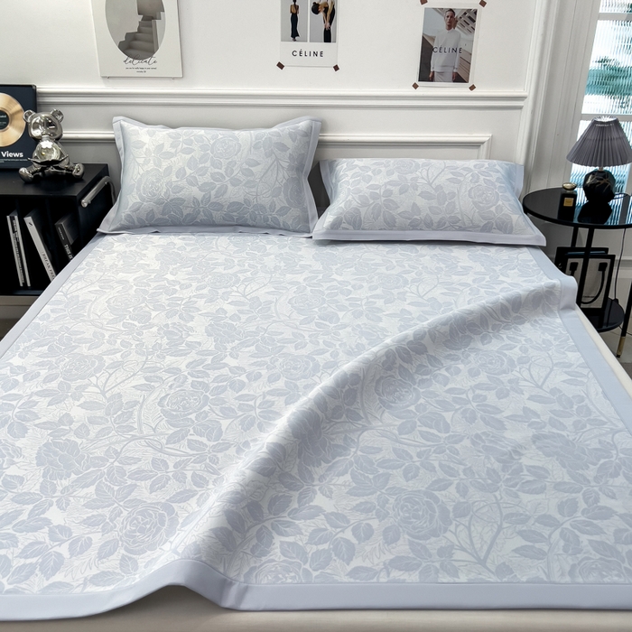 91家纺网 家纺一手货源 找家纺 倾慕 2026新款提花凉感凉席床席款三件套系列 情意浓蓝床席款