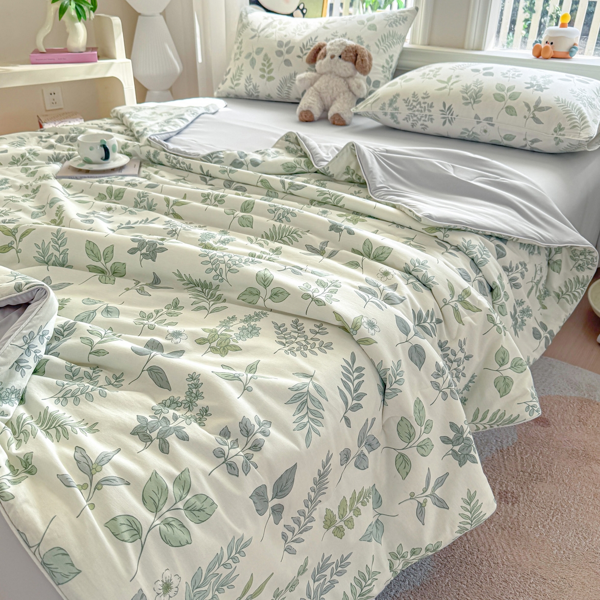 91家纺网 家纺一手货源 找家纺 万盛家纺 2026新款全棉锦氨凉感夏被夏凉被空调被 夏槿绿