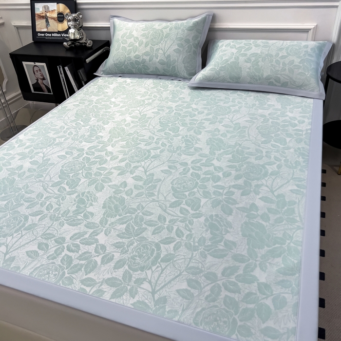 91家纺网 家纺一手货源 找家纺 倾慕 2026新款提花凉感凉席床席款三件套系列 情意浓绿床席款