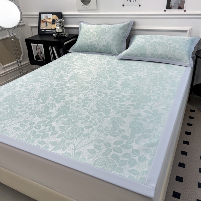 91家纺网 家纺一手货源 找家纺 倾慕 2026新款提花凉感凉席床席款三件套系列 情意浓绿床席款