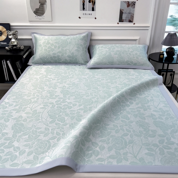 91家纺网 家纺一手货源 找家纺 倾慕 2026新款提花凉感凉席床席款三件套系列 情意浓绿床席款