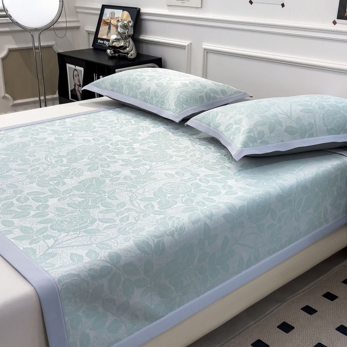 91家纺网 家纺一手货源 找家纺 倾慕 2026新款提花凉感凉席床席款三件套系列 情意浓绿床席款