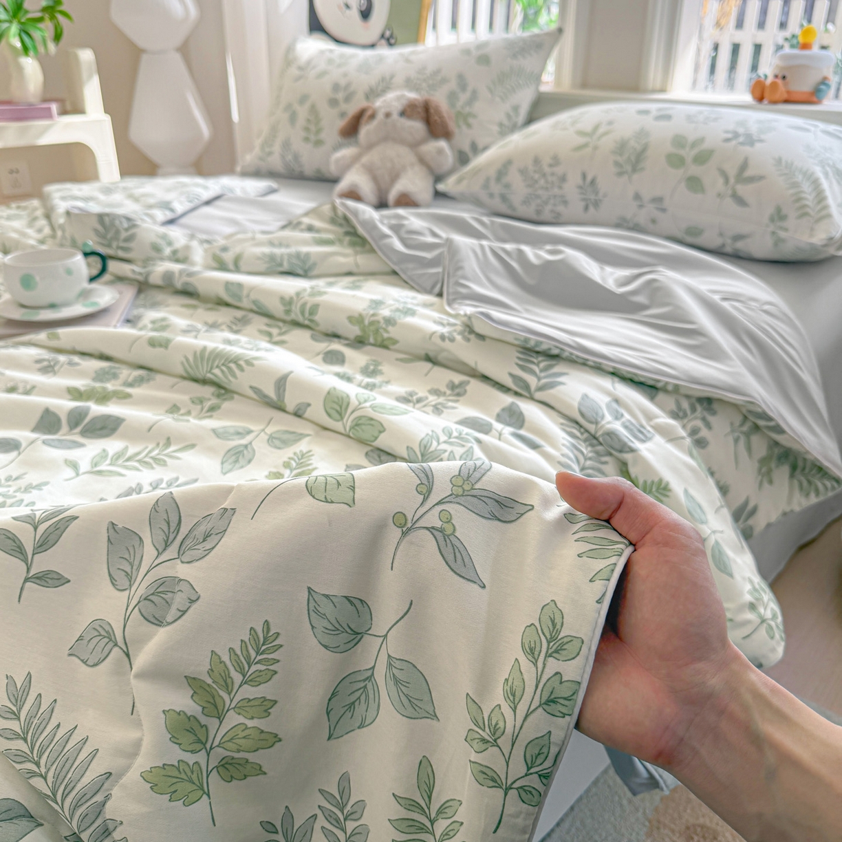 91家纺网 家纺一手货源 找家纺 万盛家纺 2026新款全棉锦氨凉感夏被夏凉被空调被 夏槿绿