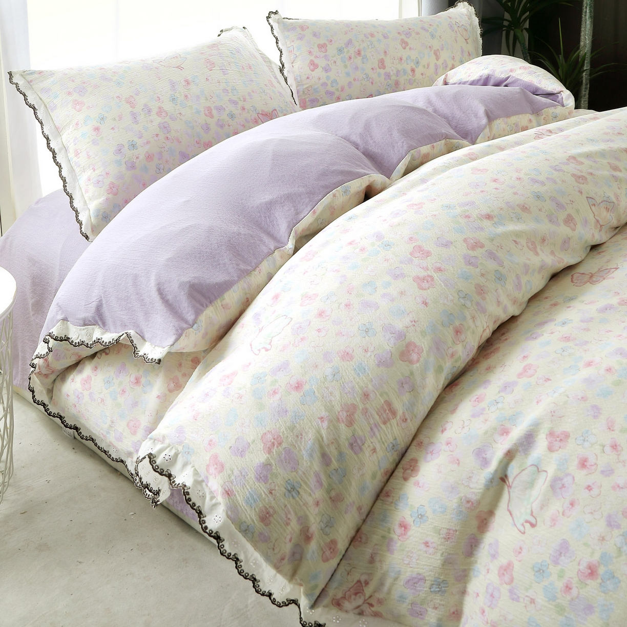 三悦四季 2026春夏新款小清新云感皱皱纱四件套 繁花谍影