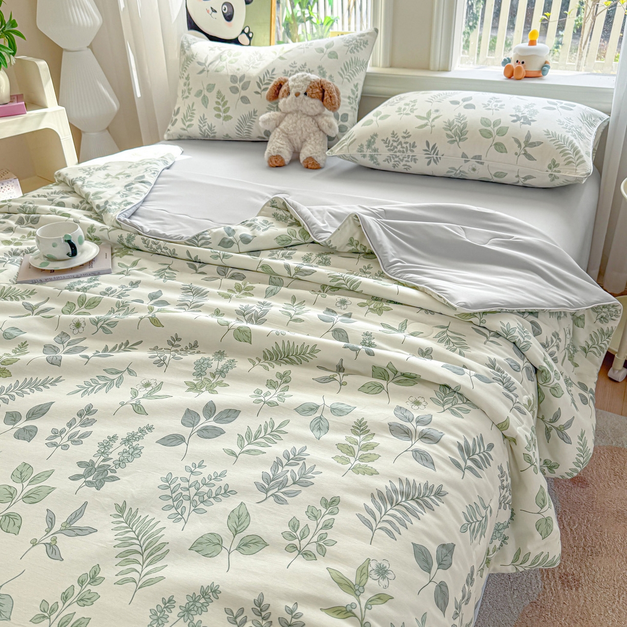 91家纺网 家纺一手货源 找家纺 万盛家纺 2026新款全棉锦氨凉感夏被夏凉被空调被 夏槿绿