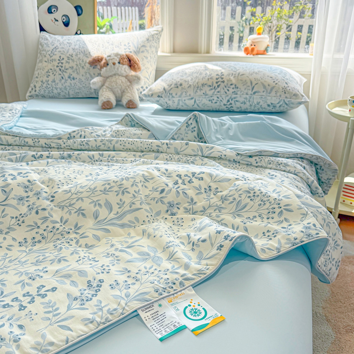 91家纺网 家纺一手货源 找家纺 万盛家纺 2026新款全棉锦氨凉感夏被夏凉被空调被 蓝沫