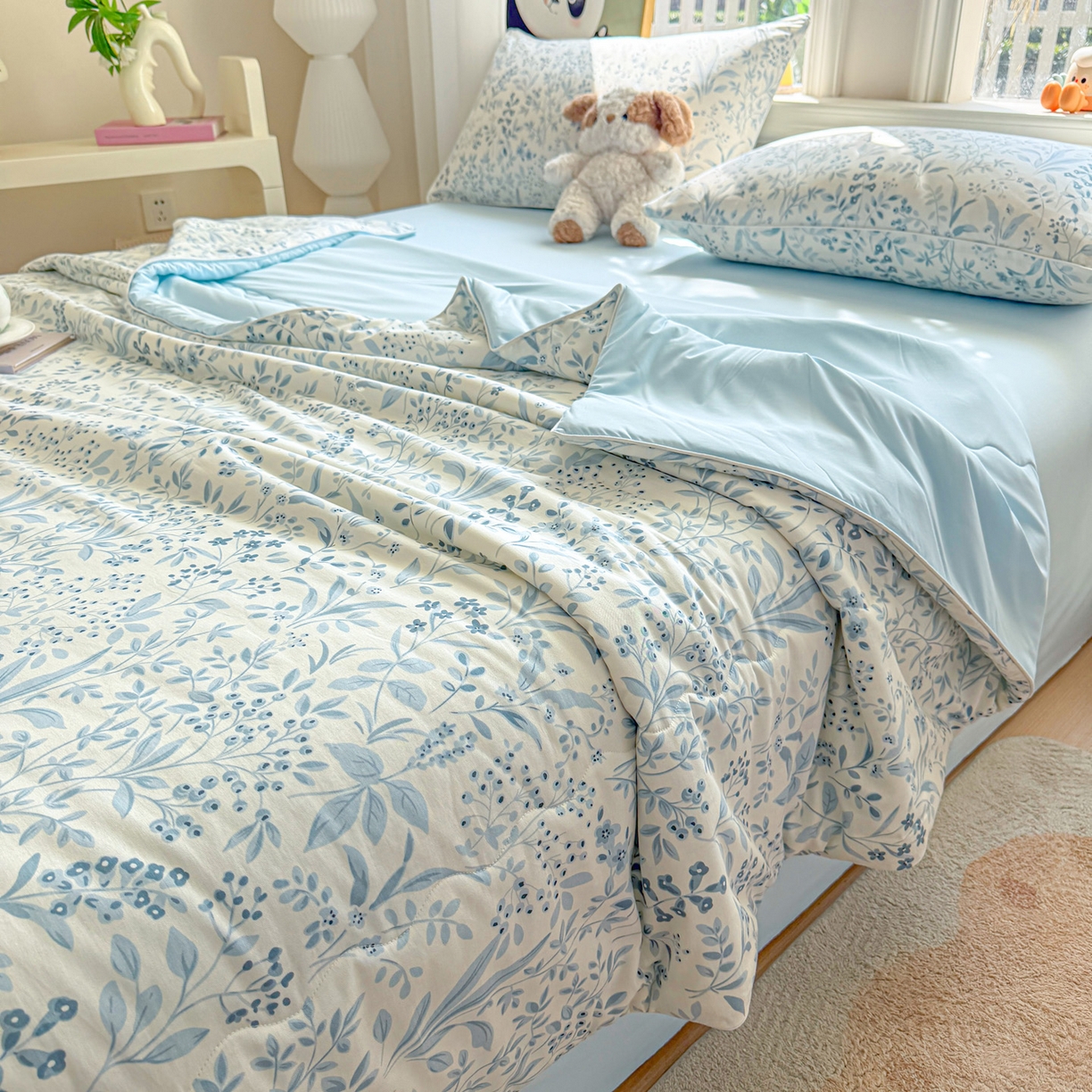 91家纺网 家纺一手货源 找家纺 万盛家纺 2026新款全棉锦氨凉感夏被夏凉被空调被 蓝沫