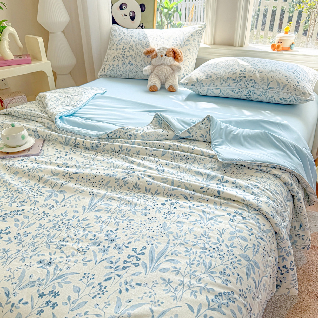 91家纺网 家纺一手货源 找家纺 万盛家纺 2026新款全棉锦氨凉感夏被夏凉被空调被 蓝沫