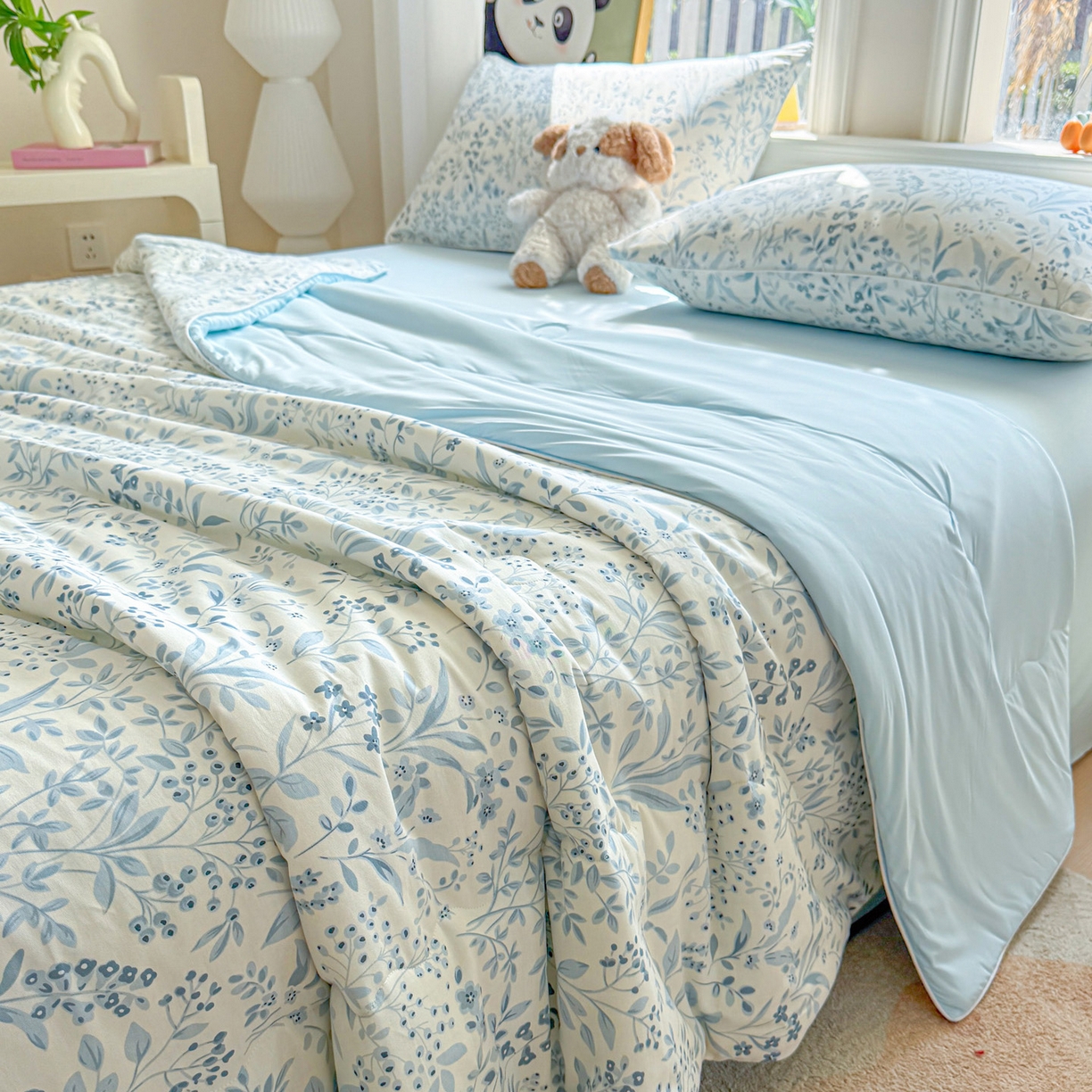 91家纺网 家纺一手货源 找家纺 万盛家纺 2026新款全棉锦氨凉感夏被夏凉被空调被 蓝沫