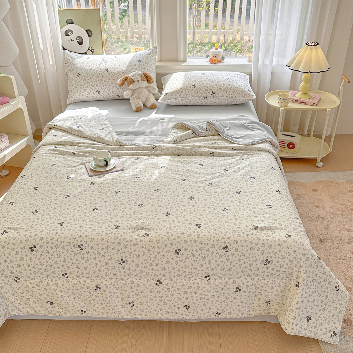 91家纺网 家纺一手货源 找家纺 万盛家纺 2026新款全棉锦氨凉感夏被夏凉被空调被 墨兰樱桃