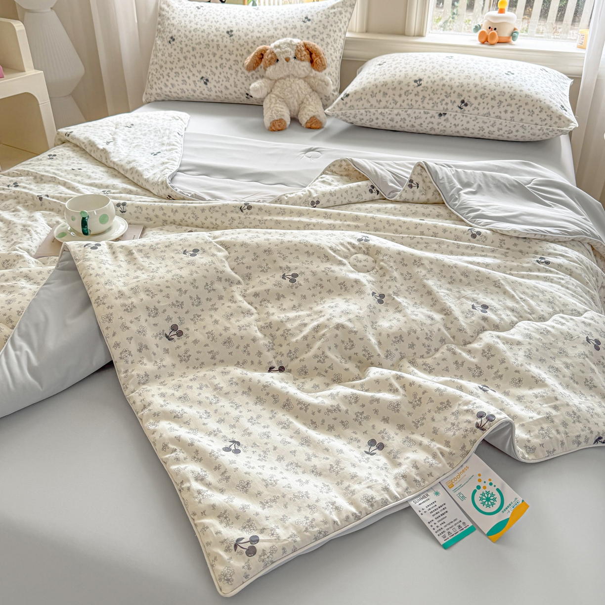 91家纺网 家纺一手货源 找家纺 万盛家纺 2026新款全棉锦氨凉感夏被夏凉被空调被 墨兰樱桃