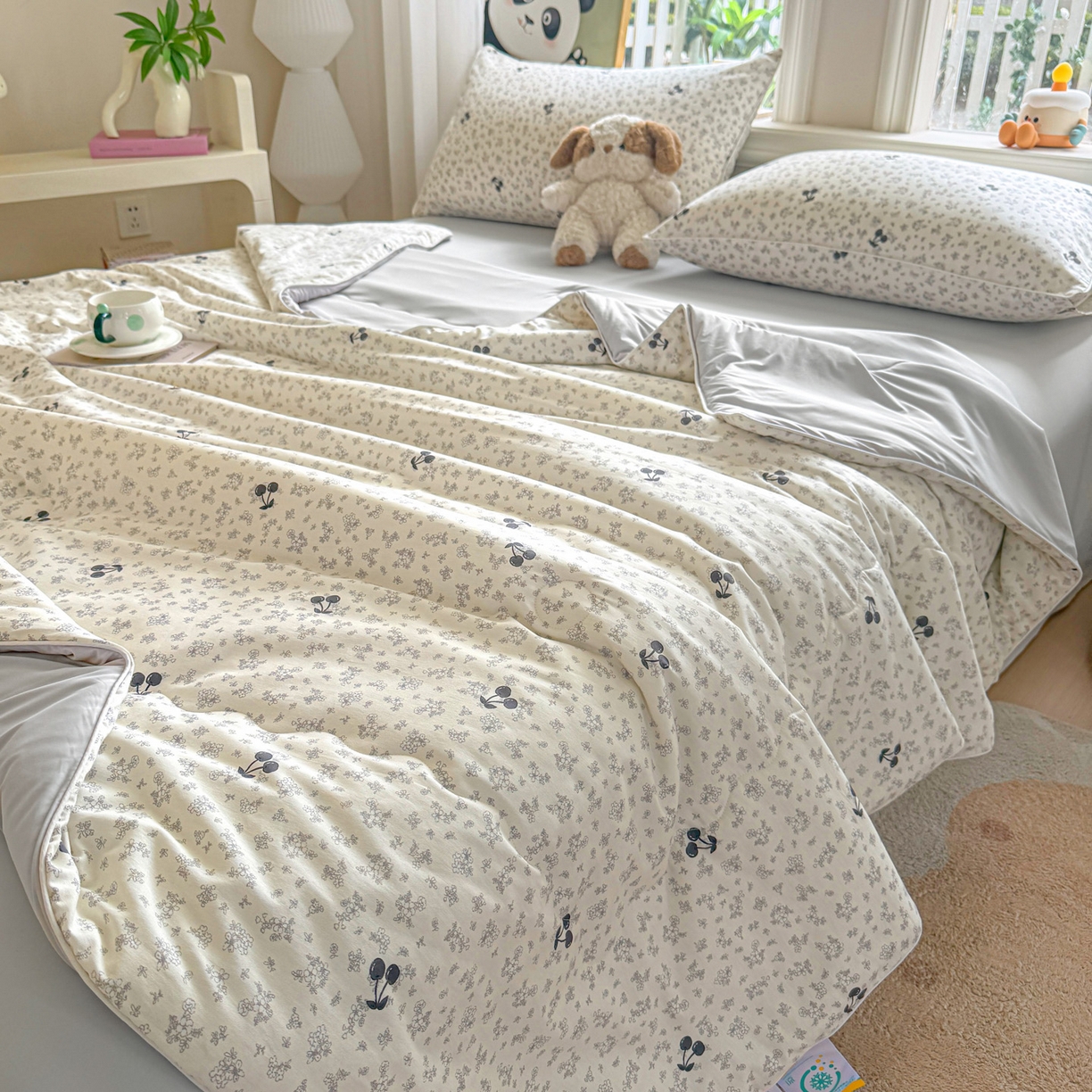 91家纺网 家纺一手货源 找家纺 万盛家纺 2026新款全棉锦氨凉感夏被夏凉被空调被 墨兰樱桃