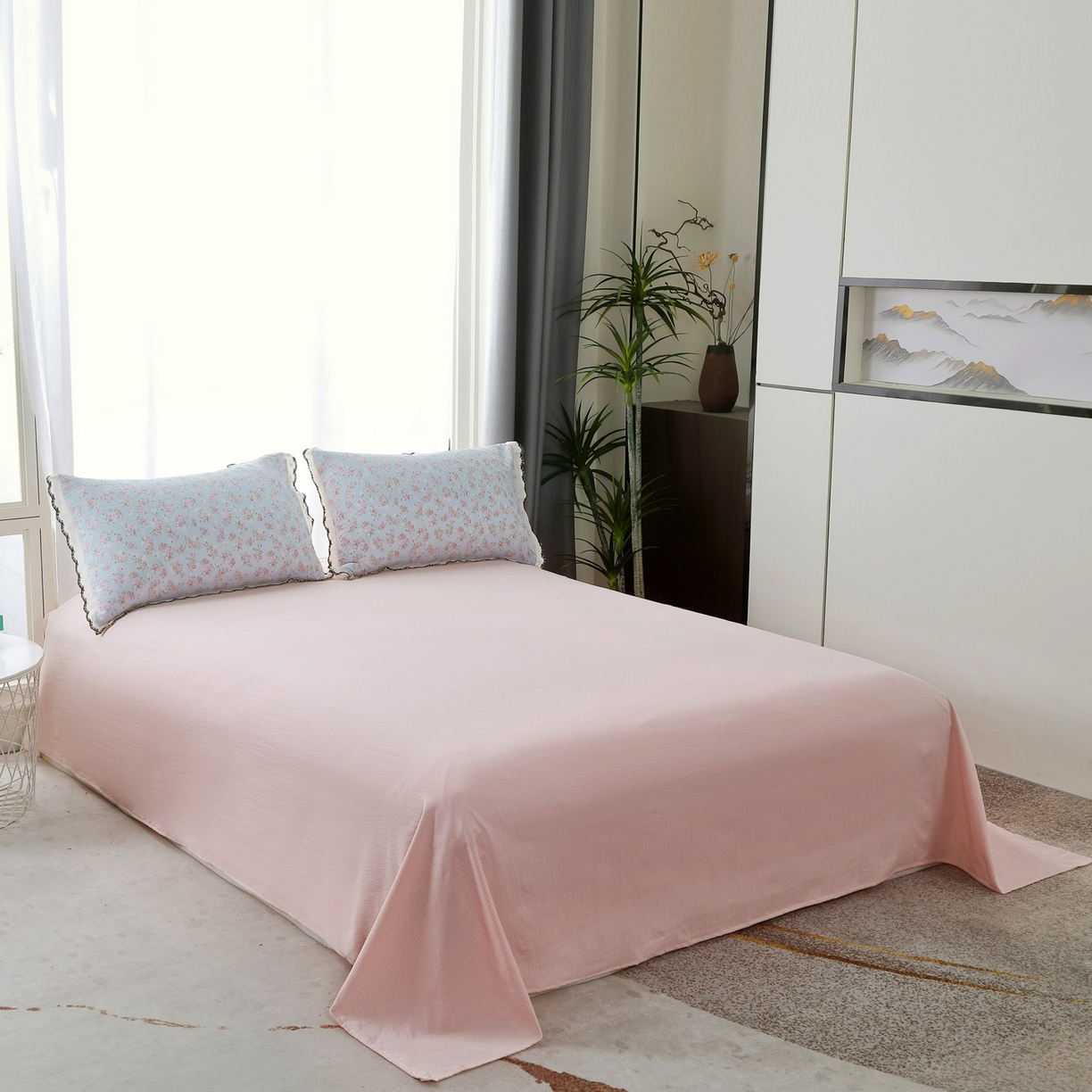 91家纺网 家纺一手货源 找家纺 三悦四季 2026春夏新款小清新云感皱皱纱四件套 梨花小院