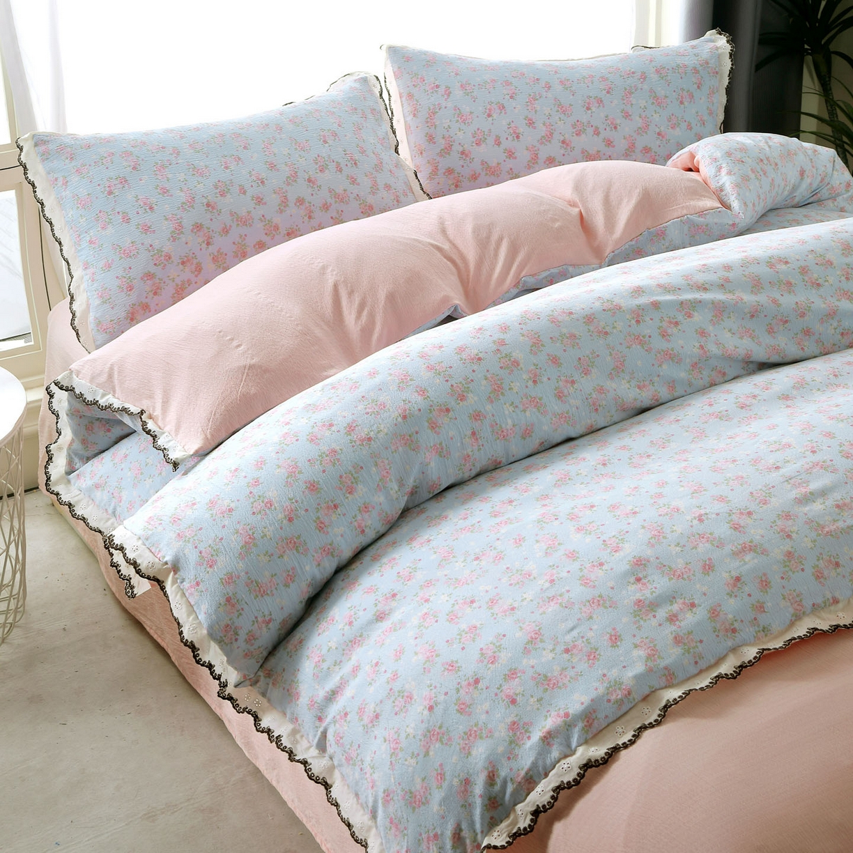 91家纺网 家纺一手货源 找家纺 三悦四季 2026春夏新款小清新云感皱皱纱四件套 梨花小院