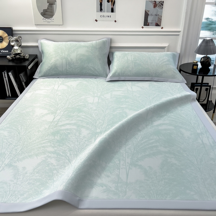 91家纺网 家纺一手货源 找家纺 倾慕 2026新款提花凉感凉席床席款三件套系列 森林奇境绿床席款