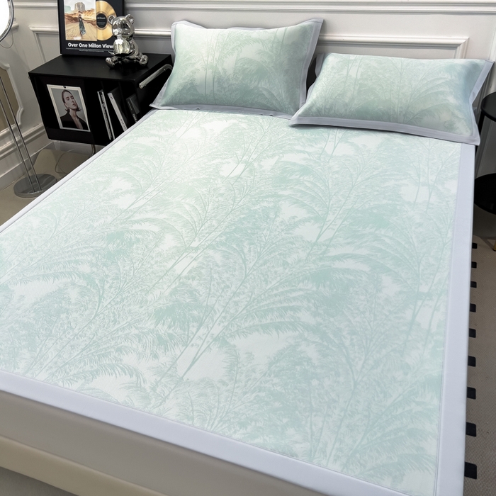 91家纺网 家纺一手货源 找家纺 倾慕 2026新款提花凉感凉席床席款三件套系列 森林奇境绿床席款