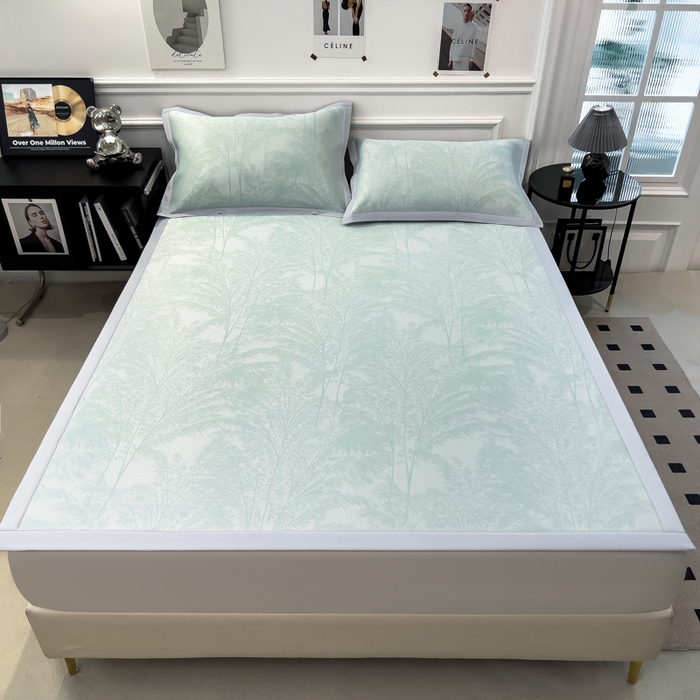 91家纺网 家纺一手货源 找家纺 倾慕 2026新款提花凉感凉席床席款三件套系列 森林奇境绿床席款