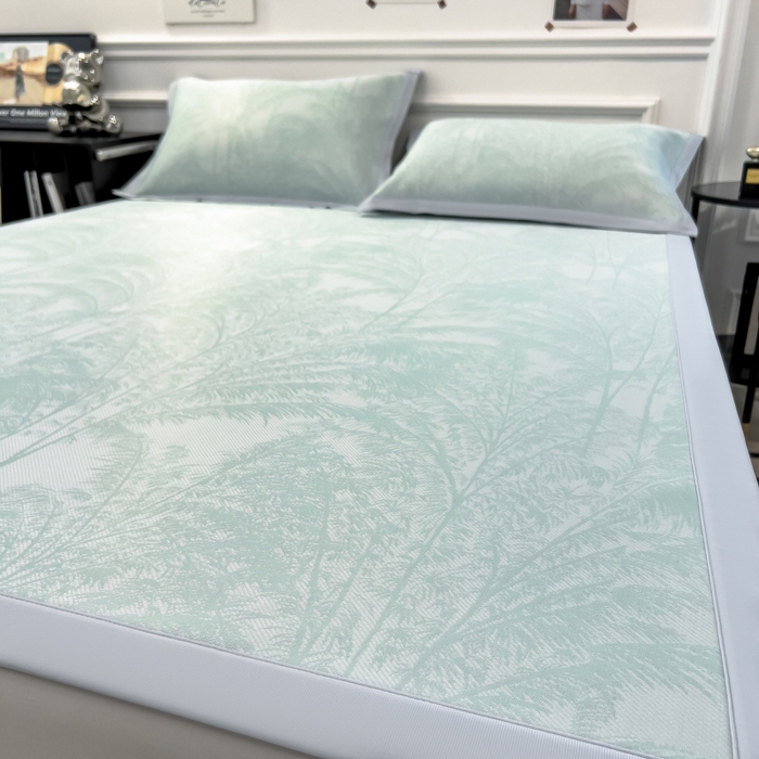 91家纺网 家纺一手货源 找家纺 倾慕 2026新款提花凉感凉席床席款三件套系列 森林奇境绿床席款