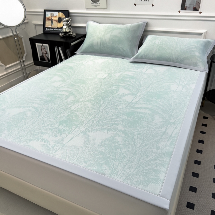 91家纺网 家纺一手货源 找家纺 倾慕 2026新款提花凉感凉席床席款三件套系列 森林奇境绿床席款