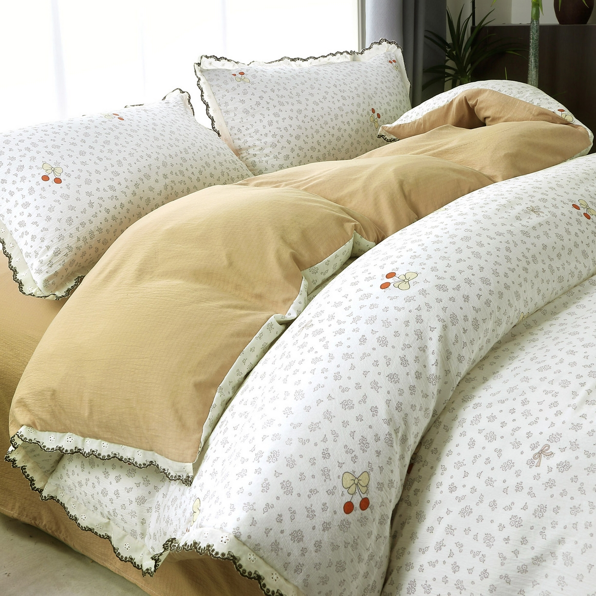 三悦四季 2026春夏新款小清新云感皱皱纱四件套 玛琪樱桃