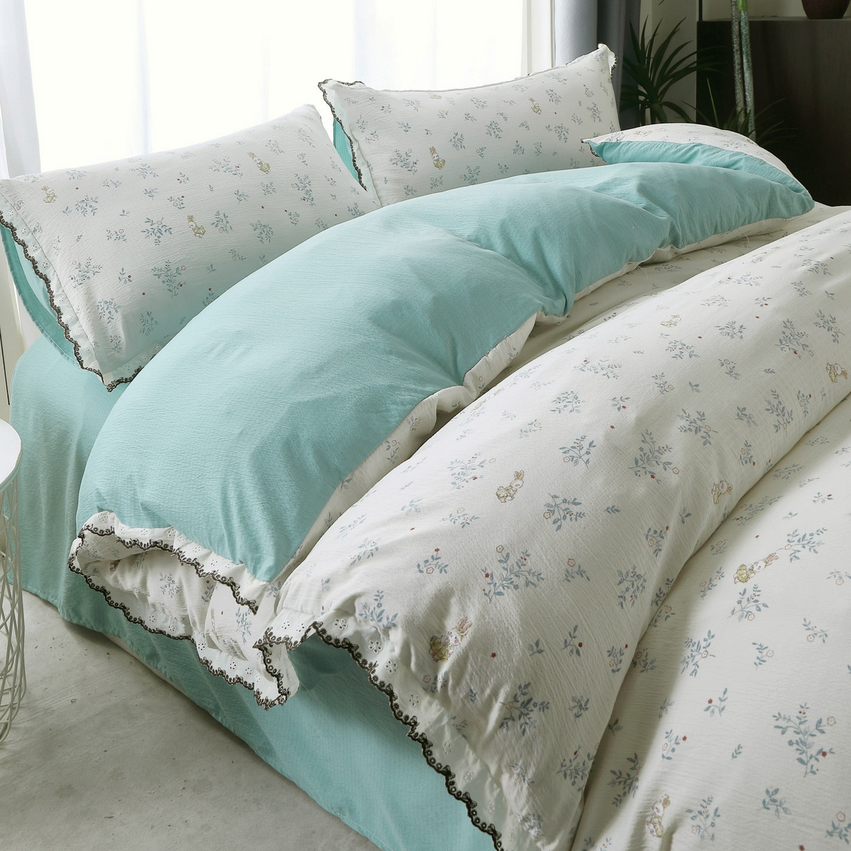 三悦四季 2026春夏新款小清新云感皱皱纱四件套 青蓝小兔