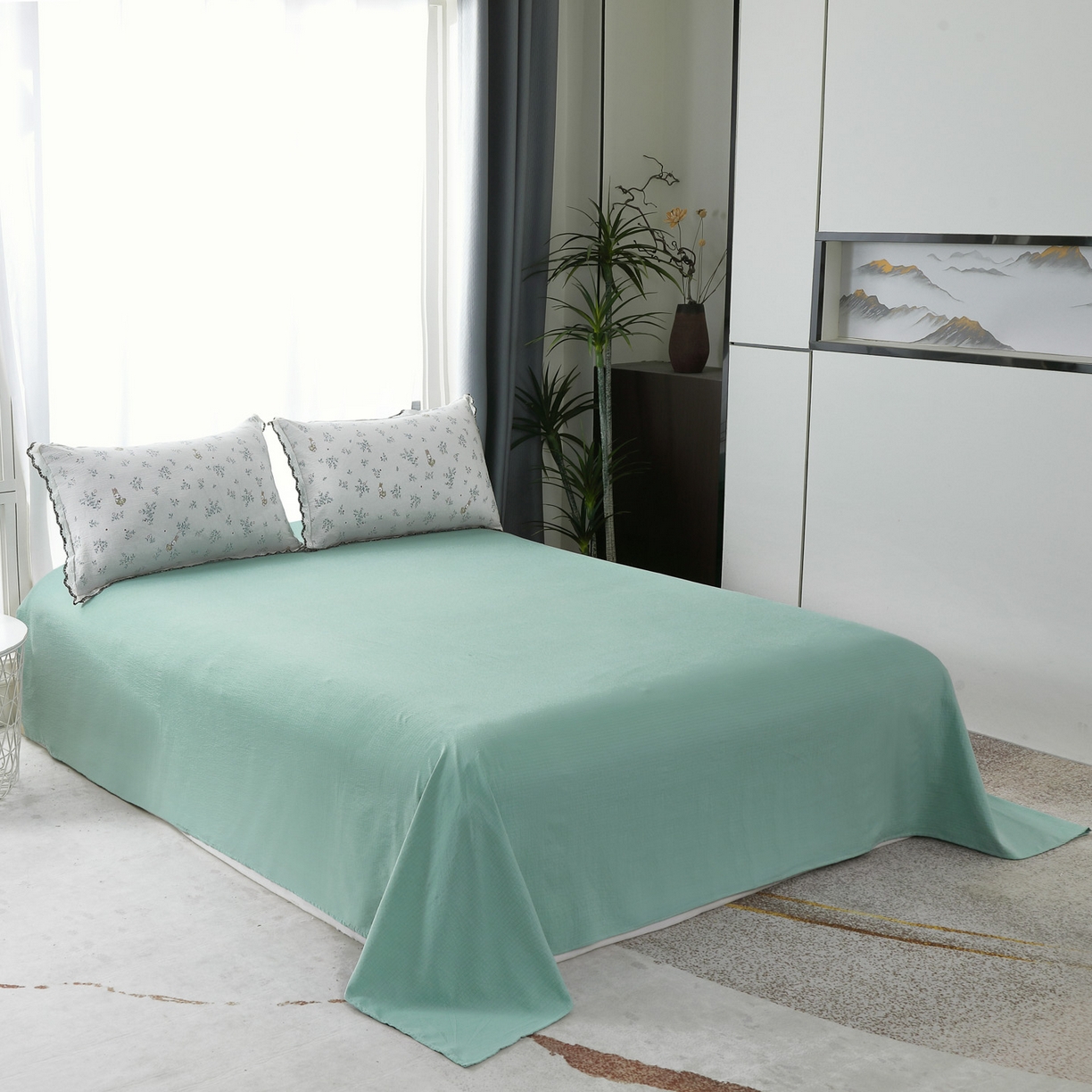 91家纺网 家纺一手货源 找家纺 三悦四季 2026春夏新款小清新云感皱皱纱四件套 青蓝小兔