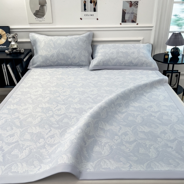 91家纺网 家纺一手货源 找家纺 倾慕 2026新款提花凉感凉席床席款三件套系列 叶之恋蓝床席款